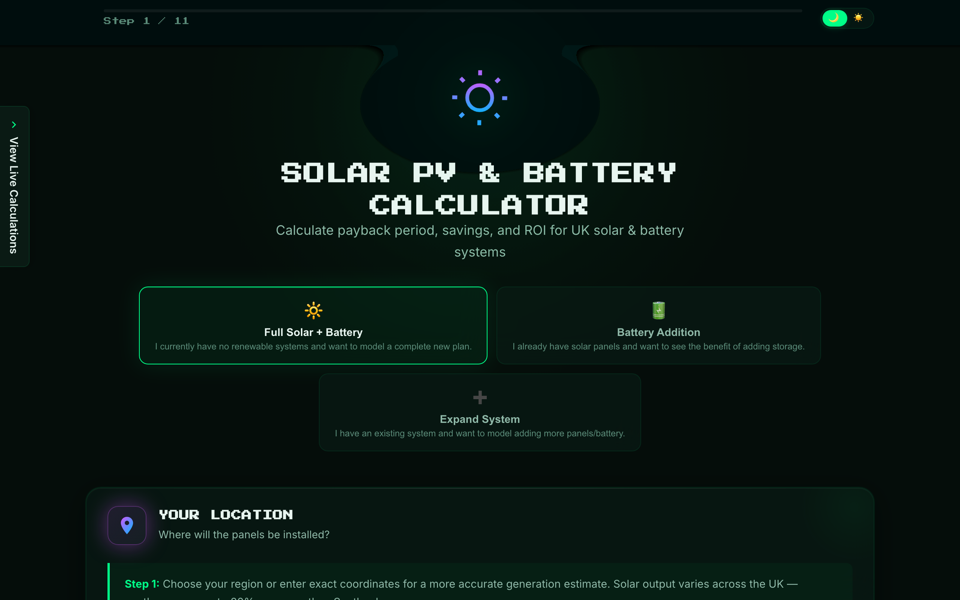 Screenshot of Solar PV and Battery Calculator
